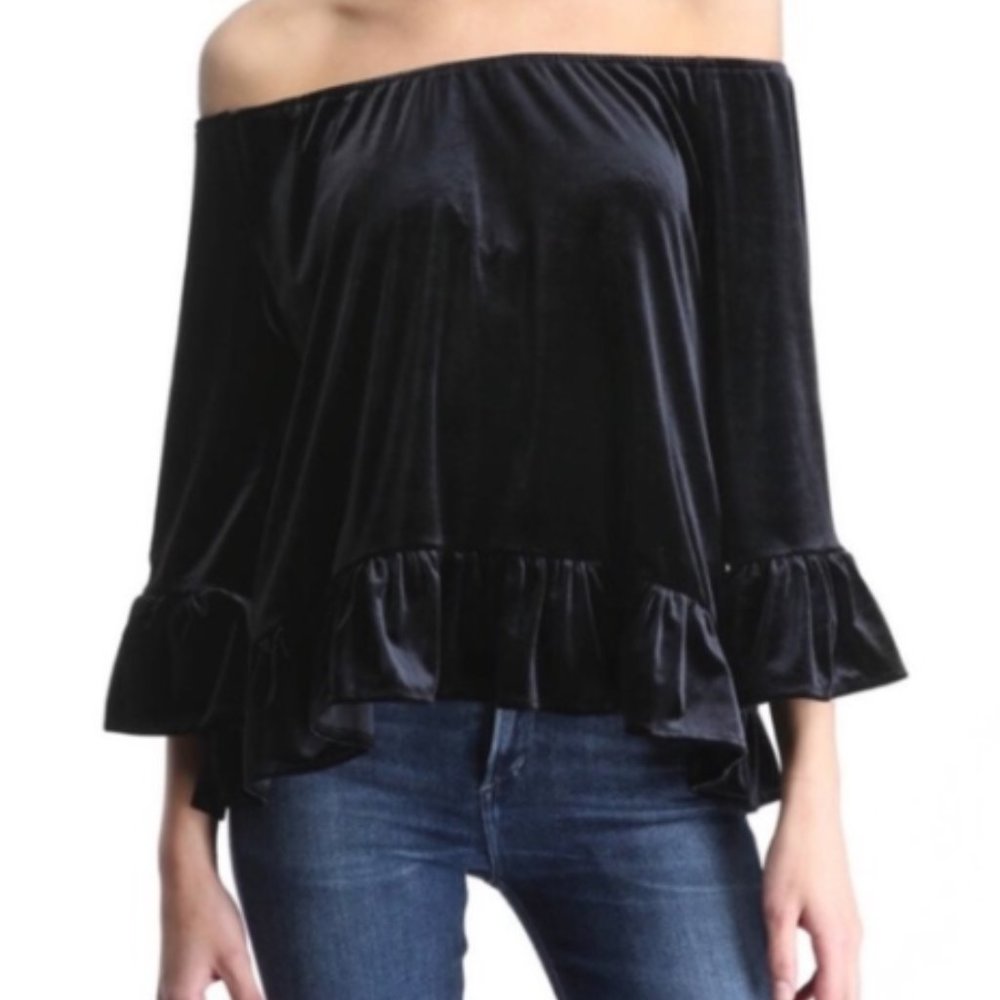 Sanctuary Black Black Velvet Off Shoulder Top - Picture 1 of 12